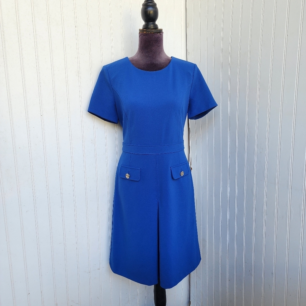 Tommy Hilfiger Blue Sheath Dress Short Sleeve Zip Back Stretch Scuba Sz 10 - Picture 2 of 15